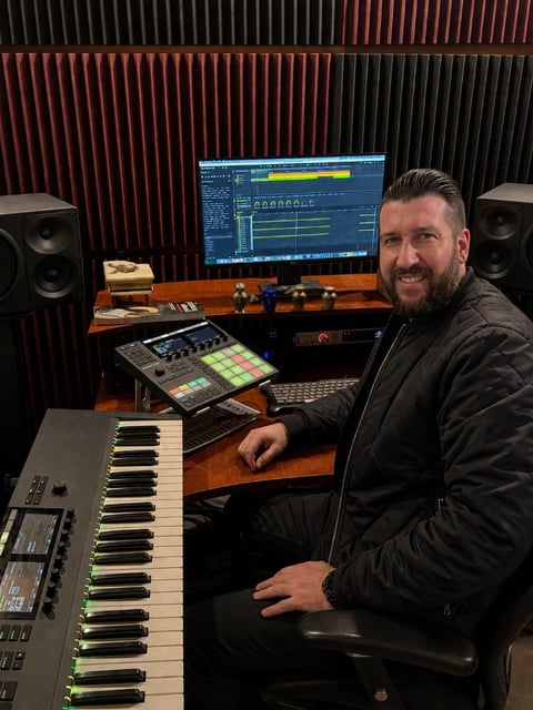 Man in music production studio at keyboard with monitor displaying digital audio workstation software, mixer pad, and acoustic treatment panels