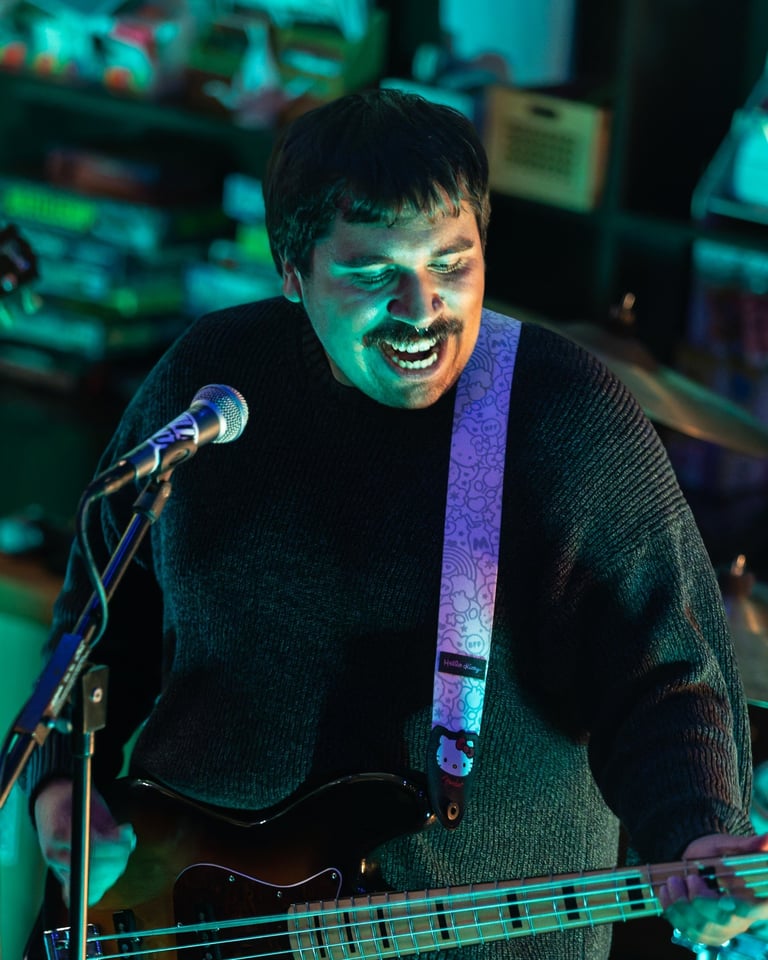 Musician playing bass guitar at microphone under green stage lighting